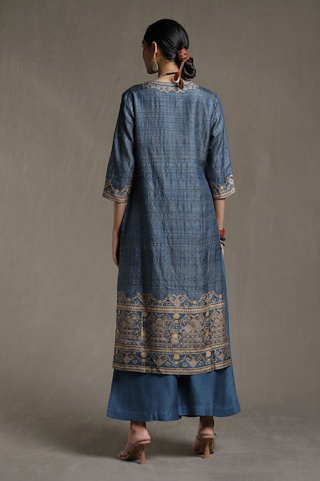 Shop Ritu Kumar Beige Silk, Viscose Embroidery Round Noni Tribal Vibe Print Kurta Palazzo Set at Aza Fashions Shop_Ritu Kumar_Beige Silk, Viscose Embroidery Round Noni Tribal Vibe Print Kurta Palazzo Set_at_Aza_Fashions