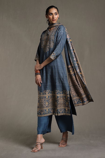 Shop Ritu Kumar Beige Silk, Viscose Embroidery Round Noni Tribal Vibe Print Kurta Palazzo Set Online at Aza Fashions Shop_Ritu Kumar_Beige Silk, Viscose Embroidery Round Noni Tribal Vibe Print Kurta Palazzo Set_Online_at_Aza_Fashions