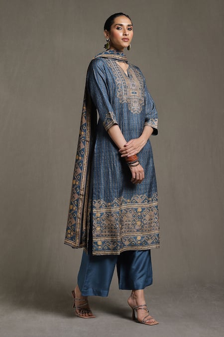 Ritu Kumar Beige Silk, Viscose Embroidery Round Noni Tribal Vibe Print Kurta Palazzo Set at Aza Fashions Ritu Kumar_Beige Silk, Viscose Embroidery Round Noni Tribal Vibe Print Kurta Palazzo Set_at_Aza_Fashions