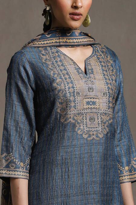 Shop Ritu Kumar Beige Silk, Viscose Embroidery Round Noni Tribal Vibe Print Kurta Palazzo Set Shop_Ritu Kumar_Beige Silk, Viscose Embroidery Round Noni Tribal Vibe Print Kurta Palazzo Set