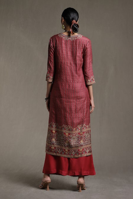 Shop Ritu Kumar Beige Silk, Viscose Embroidery Round Noni Tribal Bloom Print Kurta Palazzo Set at Aza Fashions Shop_Ritu Kumar_Beige Silk, Viscose Embroidery Round Noni Tribal Bloom Print Kurta Palazzo Set _at_Aza_Fashions