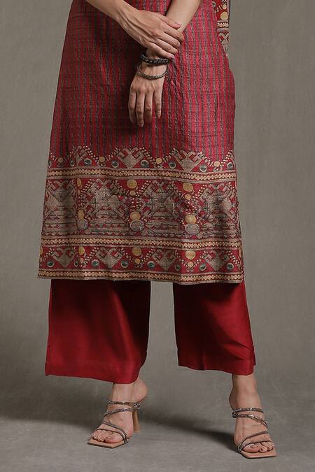 Ritu Kumar Beige Silk, Viscose Embroidery Round Noni Tribal Bloom Print Kurta Palazzo Set Online at Aza Fashions Ritu Kumar_Beige Silk, Viscose Embroidery Round Noni Tribal Bloom Print Kurta Palazzo Set _Online_at_Aza_Fashions