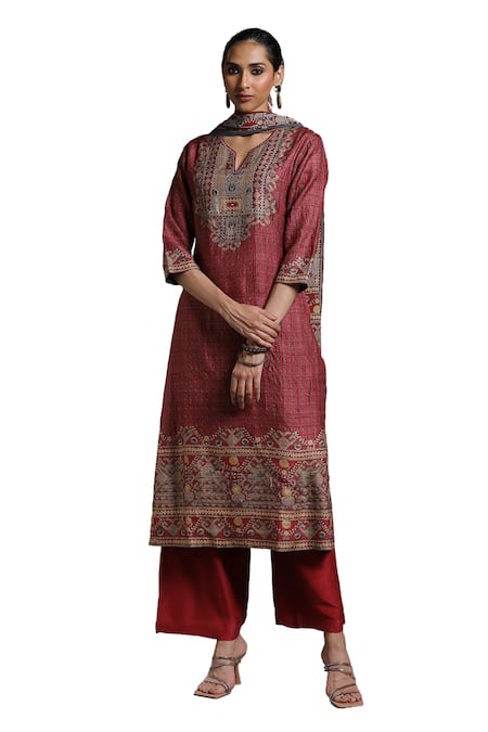 Buy Ritu Kumar Beige Silk, Viscose Embroidery Round Noni Tribal Bloom Print Kurta Palazzo Set Online at Aza Fashions Buy_Ritu Kumar_Beige Silk, Viscose Embroidery Round Noni Tribal Bloom Print Kurta Palazzo Set _Online_at_Aza_Fashions