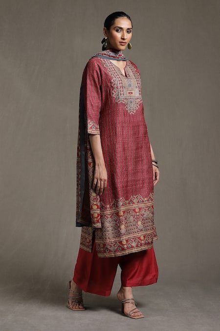 Ritu Kumar Beige Silk, Viscose Embroidery Round Noni Tribal Bloom Print Kurta Palazzo Set at Aza Fashions Ritu Kumar_Beige Silk, Viscose Embroidery Round Noni Tribal Bloom Print Kurta Palazzo Set _at_Aza_Fashions