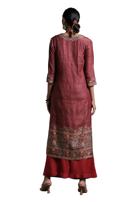 Buy Ritu Kumar Beige Silk, Viscose Embroidery Round Noni Tribal Bloom Print Kurta Palazzo Set Buy_Ritu Kumar_Beige Silk, Viscose Embroidery Round Noni Tribal Bloom Print Kurta Palazzo Set