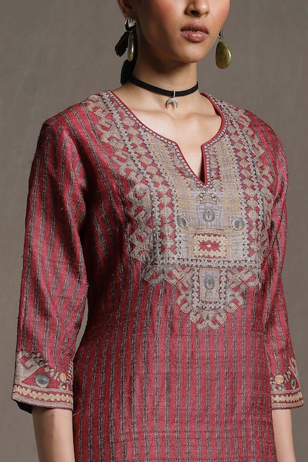 Shop Ritu Kumar Beige Silk, Viscose Embroidery Round Noni Tribal Bloom Print Kurta Palazzo Set Shop_Ritu Kumar_Beige Silk, Viscose Embroidery Round Noni Tribal Bloom Print Kurta Palazzo Set