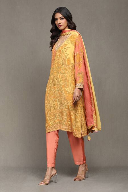 Ritu Kumar Yellow Rayon, Viscose V-neck Chakori Ambrosia Print Kurta Pant Set Online at Aza Fashions Ritu Kumar_Yellow Rayon, Viscose V-neck Chakori Ambrosia Print Kurta Pant Set_Online_at_Aza_Fashions