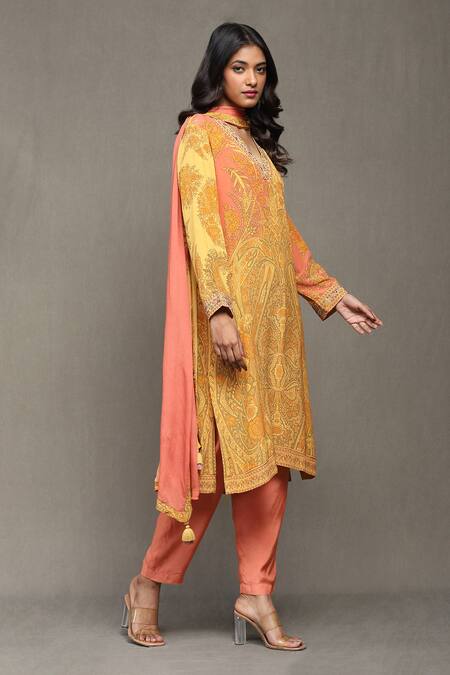 Buy Ritu Kumar Yellow Rayon, Viscose V-neck Chakori Ambrosia Print Kurta Pant Set Online at Aza Fashions Buy_Ritu Kumar_Yellow Rayon, Viscose V-neck Chakori Ambrosia Print Kurta Pant Set_Online_at_Aza_Fashions