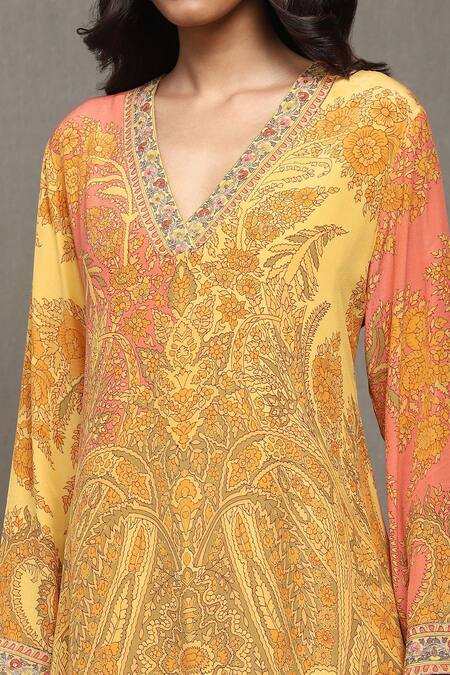 Shop Ritu Kumar Yellow Rayon, Viscose V-neck Chakori Ambrosia Print Kurta Pant Set Online at Aza Fashions Shop_Ritu Kumar_Yellow Rayon, Viscose V-neck Chakori Ambrosia Print Kurta Pant Set_Online_at_Aza_Fashions