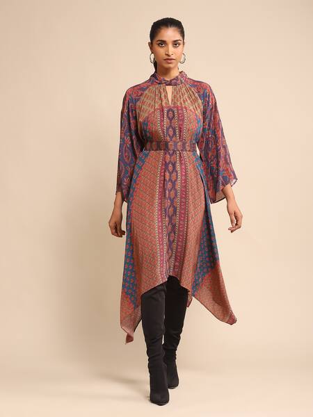 Ritu Kumar Purple Silk Collared Pushkar Print Kurta Online at Aza Fashions Ritu Kumar_Purple Silk Collared Pushkar Print Kurta_Online_at_Aza_Fashions