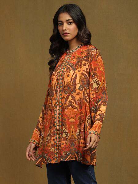 Buy_Ritu Kumar_Orange Rayon, Crepe Embroidery Bandeau Neck Mandala Print Kurta_Online_at_Aza_Fashions