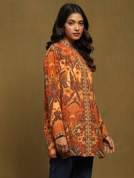 Shop_Ritu Kumar_Orange Rayon, Crepe Embroidery Bandeau Neck Mandala Print Kurta_Online_at_Aza_Fashions