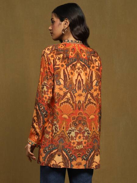 Ritu Kumar_Orange Rayon, Crepe Embroidery Bandeau Neck Mandala Print Kurta_at_Aza_Fashions