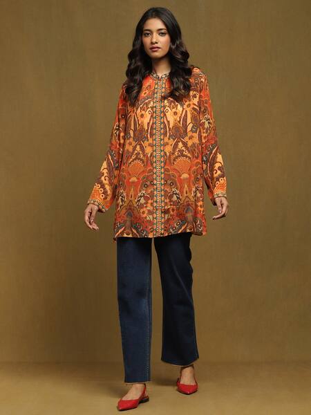 Buy_Ritu Kumar_Orange Rayon, Crepe Embroidery Bandeau Neck Mandala Print Kurta