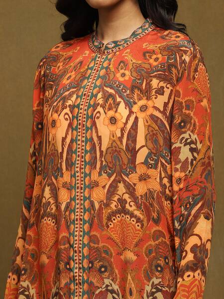 Shop_Ritu Kumar_Orange Rayon, Crepe Embroidery Bandeau Neck Mandala Print Kurta