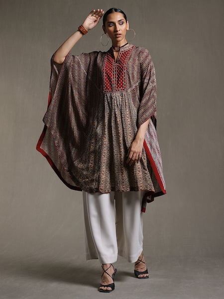 Ritu Kumar_Beige Rayon Mandarin Collar Stripe Print Kurta_Online_at_Aza_Fashions