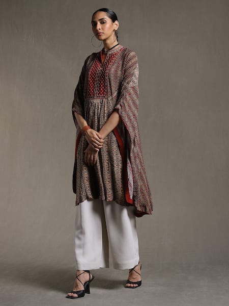 Buy_Ritu Kumar_Beige Rayon Mandarin Collar Stripe Print Kurta_Online_at_Aza_Fashions