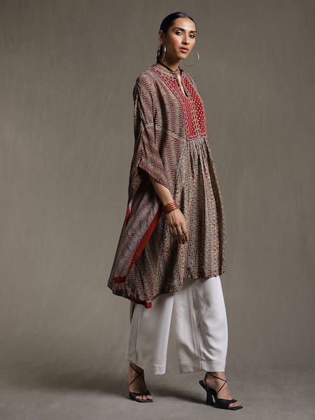 Shop_Ritu Kumar_Beige Rayon Mandarin Collar Stripe Print Kurta_Online_at_Aza_Fashions