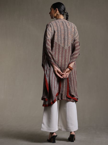 Ritu Kumar_Beige Rayon Mandarin Collar Stripe Print Kurta_at_Aza_Fashions