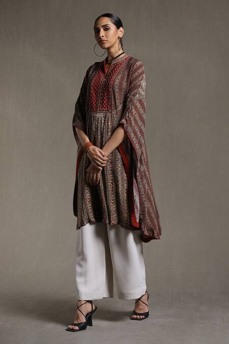 Shop_Ritu Kumar_Beige Rayon Mandarin Collar Stripe Print Kurta