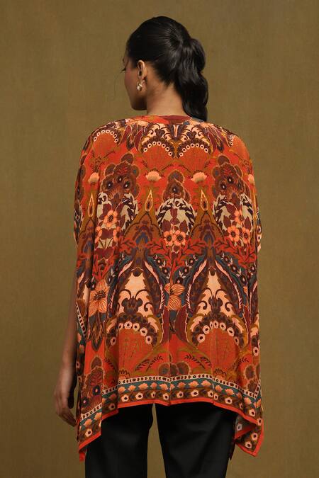 Shop Ritu Kumar Orange Rayon Embroidery V-neck Floral Mandala Print Kurta at Aza Fashions Shop_Ritu Kumar_Orange Rayon Embroidery V-neck Floral Mandala Print Kurta_at_Aza_Fashions