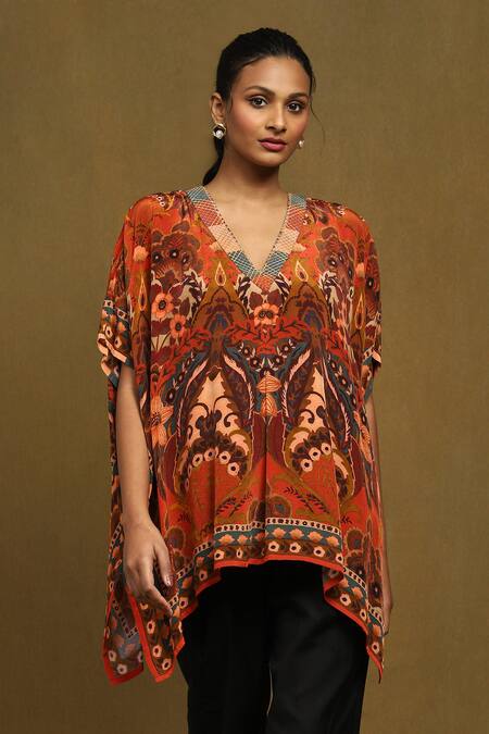 Ritu Kumar Orange Rayon Embroidery V-neck Floral Mandala Print Kurta Online at Aza Fashions Ritu Kumar_Orange Rayon Embroidery V-neck Floral Mandala Print Kurta_Online_at_Aza_Fashions