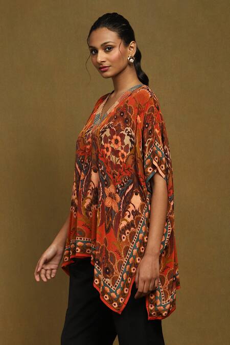 Buy Ritu Kumar Orange Rayon Embroidery V-neck Floral Mandala Print Kurta Online at Aza Fashions Buy_Ritu Kumar_Orange Rayon Embroidery V-neck Floral Mandala Print Kurta_Online_at_Aza_Fashions