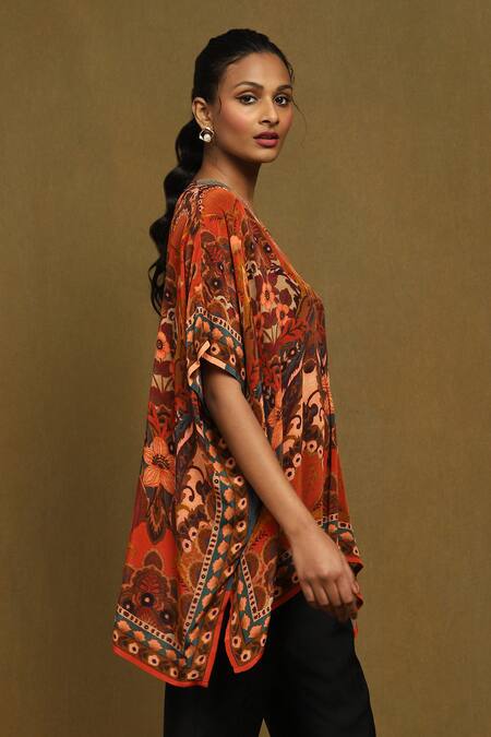 Shop Ritu Kumar Orange Rayon Embroidery V-neck Floral Mandala Print Kurta Online at Aza Fashions Shop_Ritu Kumar_Orange Rayon Embroidery V-neck Floral Mandala Print Kurta_Online_at_Aza_Fashions