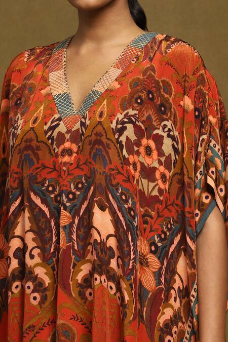 Ritu Kumar Orange Rayon Embroidery V-neck Floral Mandala Print Kurta at Aza Fashions Ritu Kumar_Orange Rayon Embroidery V-neck Floral Mandala Print Kurta_at_Aza_Fashions