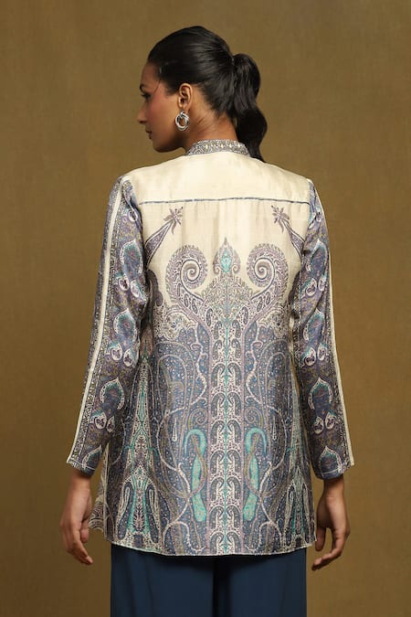 Shop_Ritu Kumar_Off White Silk Embroidery Bandeau Neck Paisley Print Short Straight Kurta _at_Aza_Fashions