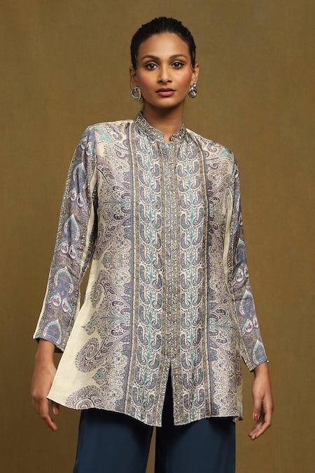 Ritu Kumar_Off White Silk Embroidery Bandeau Neck Paisley Print Short Straight Kurta _Online_at_Aza_Fashions