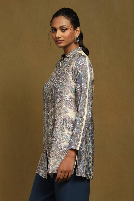 Buy_Ritu Kumar_Off White Silk Embroidery Bandeau Neck Paisley Print Short Straight Kurta _Online_at_Aza_Fashions