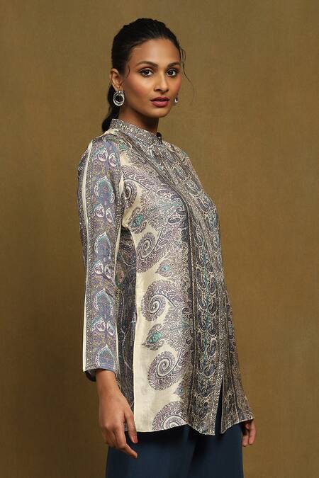 Shop_Ritu Kumar_Off White Silk Embroidery Bandeau Neck Paisley Print Short Straight Kurta _Online_at_Aza_Fashions