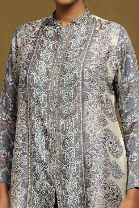 Ritu Kumar_Off White Silk Embroidery Bandeau Neck Paisley Print Short Straight Kurta _at_Aza_Fashions