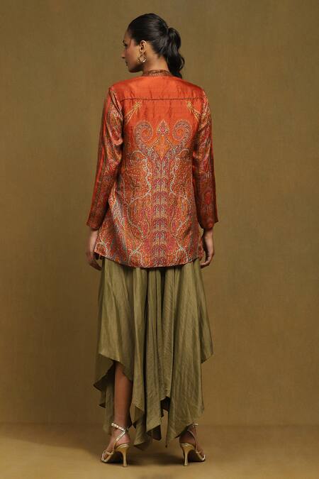 Shop Ritu Kumar Orange , Satin Embroidery Bandeau Paisley Print Straight Short Kurta at Aza Fashions Shop_Ritu Kumar_Orange , Satin Embroidery Bandeau Paisley Print Straight Short Kurta_at_Aza_Fashions