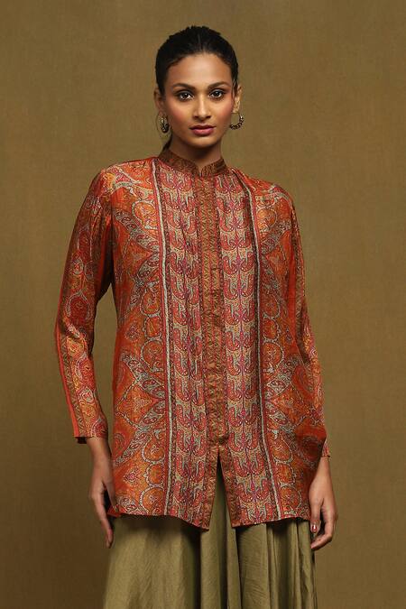 Ritu Kumar Orange , Satin Embroidery Bandeau Paisley Print Straight Short Kurta Online at Aza Fashions Ritu Kumar_Orange , Satin Embroidery Bandeau Paisley Print Straight Short Kurta_Online_at_Aza_Fashions