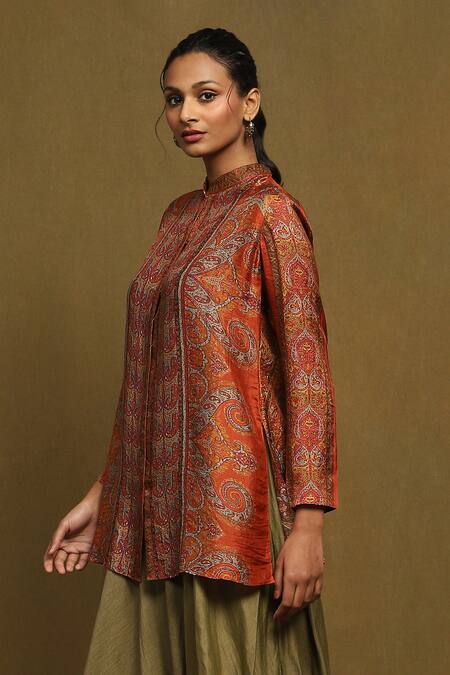 Buy Ritu Kumar Orange , Satin Embroidery Bandeau Paisley Print Straight Short Kurta Online at Aza Fashions Buy_Ritu Kumar_Orange , Satin Embroidery Bandeau Paisley Print Straight Short Kurta_Online_at_Aza_Fashions