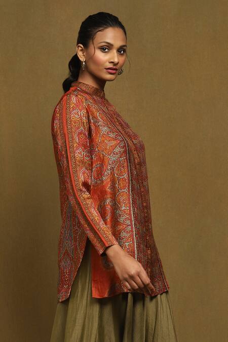 Shop Ritu Kumar Orange , Satin Embroidery Bandeau Paisley Print Straight Short Kurta Online at Aza Fashions Shop_Ritu Kumar_Orange , Satin Embroidery Bandeau Paisley Print Straight Short Kurta_Online_at_Aza_Fashions
