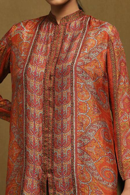 Ritu Kumar Orange , Satin Embroidery Bandeau Paisley Print Straight Short Kurta at Aza Fashions Ritu Kumar_Orange , Satin Embroidery Bandeau Paisley Print Straight Short Kurta_at_Aza_Fashions