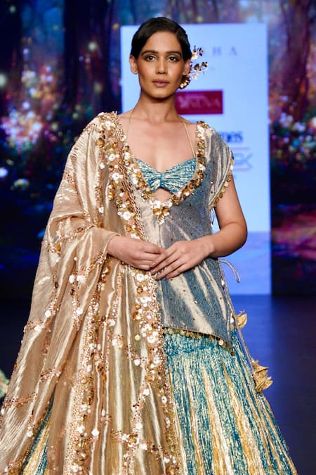 Etasha By Asha Jain_Blue Silk, Crepe, Organza, Tissue Panelled Metallic Textured Sharara Set _Online_at_Aza_Fashions