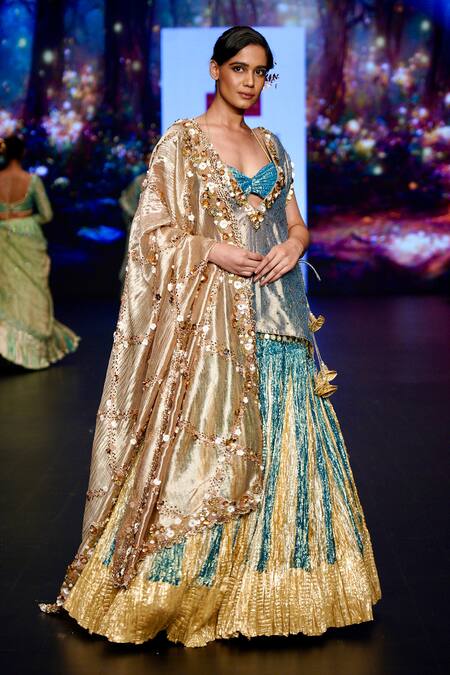 Buy_Etasha By Asha Jain_Blue Silk, Crepe, Organza, Tissue Panelled Metallic Textured Sharara Set _Online_at_Aza_Fashions