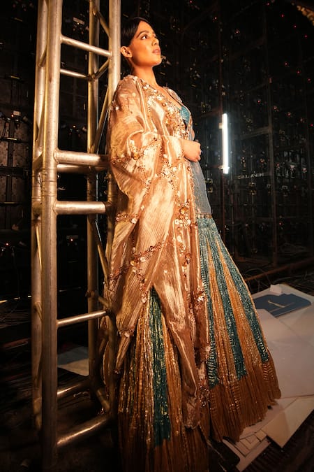 Shop_Etasha By Asha Jain_Blue Silk, Crepe, Organza, Tissue Panelled Metallic Textured Sharara Set _Online_at_Aza_Fashions