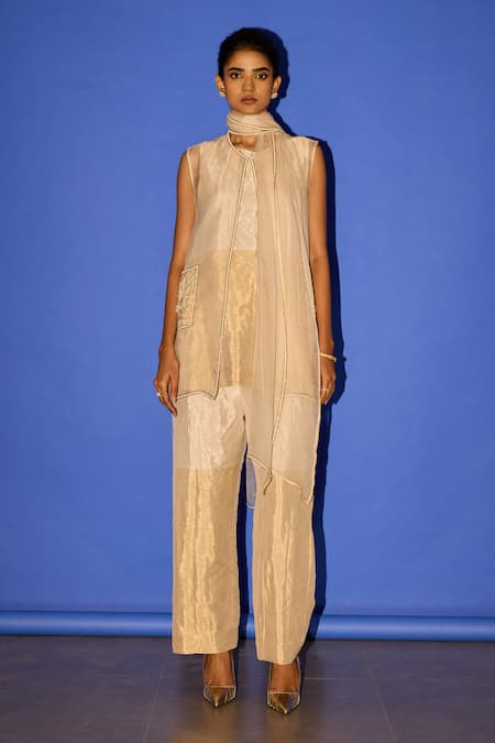 Esha Arora Gold Organza, Tissue Pearls, Embroidery Round Neck Placement Jacket Pant Set Online at Aza Fashions Esha Arora_Gold Organza, Tissue Pearls, Embroidery Round Neck Placement Jacket Pant Set _Online_at_Aza_Fashions