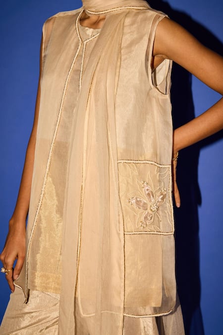 Shop Esha Arora Gold Organza, Tissue Pearls, Embroidery Round Neck Placement Jacket Pant Set Online at Aza Fashions Shop_Esha Arora_Gold Organza, Tissue Pearls, Embroidery Round Neck Placement Jacket Pant Set _Online_at_Aza_Fashions
