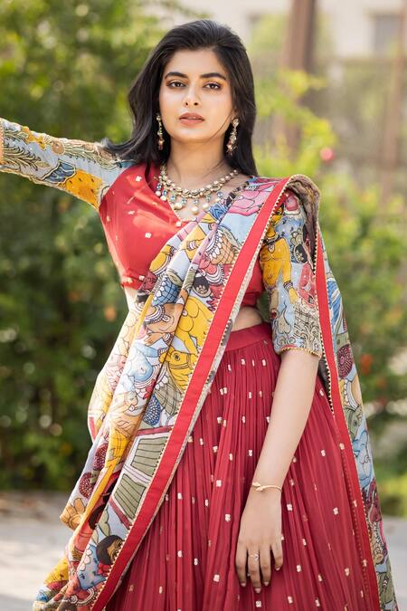 Shop Aindhri By Mahitha Red Georgette, Silk Embroidery, Beads V-neck Kalamkari Hand Painted Lehenga Set Online at Aza Fashions Shop_Aindhri By Mahitha_Red Georgette, Silk Embroidery, Beads V-neck Kalamkari Hand Painted Lehenga Set_Online_at_Aza_Fashions