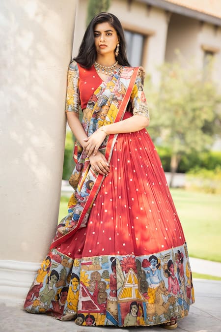 aindhri by mahitha Embroidered Cattle Kalamkari Lehenga Set 