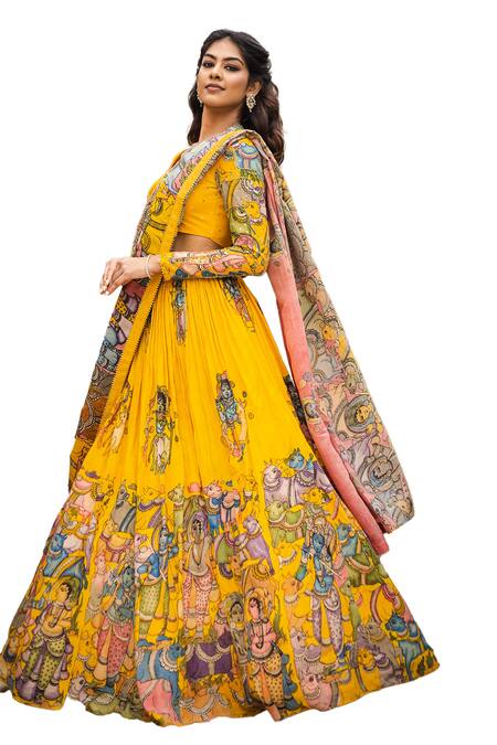 Aindhri By Mahitha_Pink Chanderi , Beads Asymmetric Kalamkari Hand Painted Lehenga Set_Online_at_Aza_Fashions