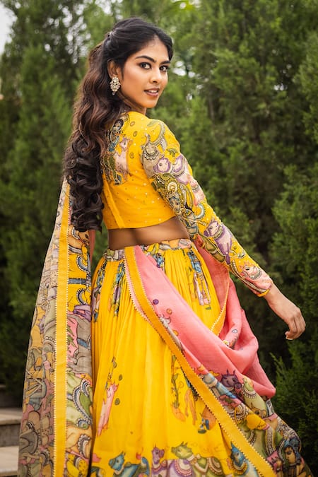 Buy_Aindhri By Mahitha_Pink Chanderi , Beads Asymmetric Kalamkari Hand Painted Lehenga Set_Online_at_Aza_Fashions