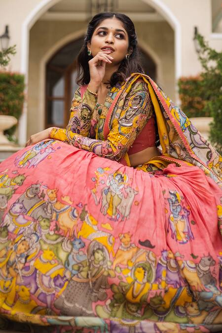 Aindhri By Mahitha Yellow , Chanderi Beads, Embroidery Kalamkari Pink Lehenga Set Online at Aza Fashions Aindhri By Mahitha_Yellow , Chanderi Beads, Embroidery Kalamkari Pink Lehenga Set_Online_at_Aza_Fashions