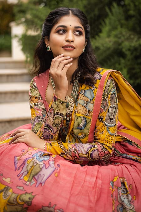 Buy Aindhri By Mahitha Yellow , Chanderi Beads, Embroidery Kalamkari Pink Lehenga Set Online at Aza Fashions Buy_Aindhri By Mahitha_Yellow , Chanderi Beads, Embroidery Kalamkari Pink Lehenga Set_Online_at_Aza_Fashions